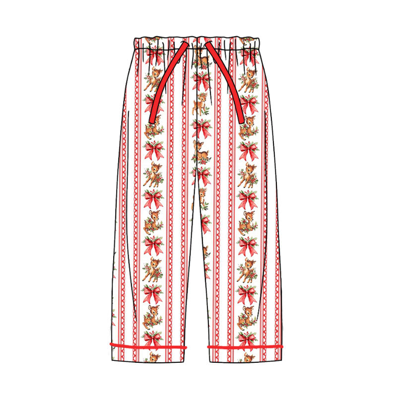 (Preorder new) No moq Baby Girls Christmas Deer Red Bow Stripe Print Long Sleeve Half Zip Top Skort Set Dress Adult Pant