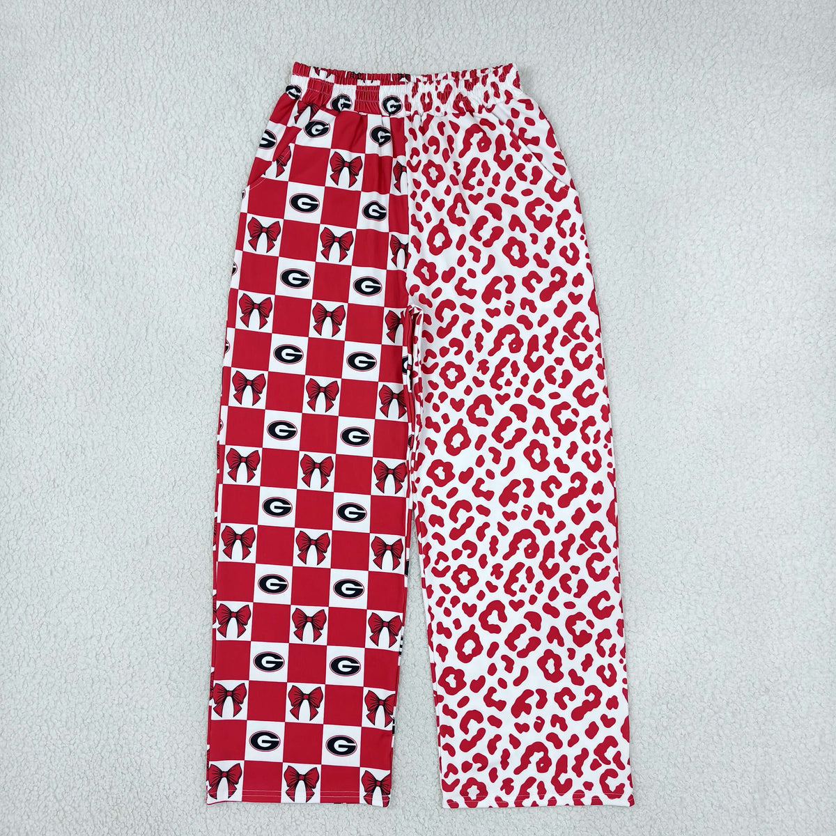 NEW RTS NO MOQ milk silk P1118 Adult Women Team Red Checker Bow And Leopard Print Wide Leg Pants