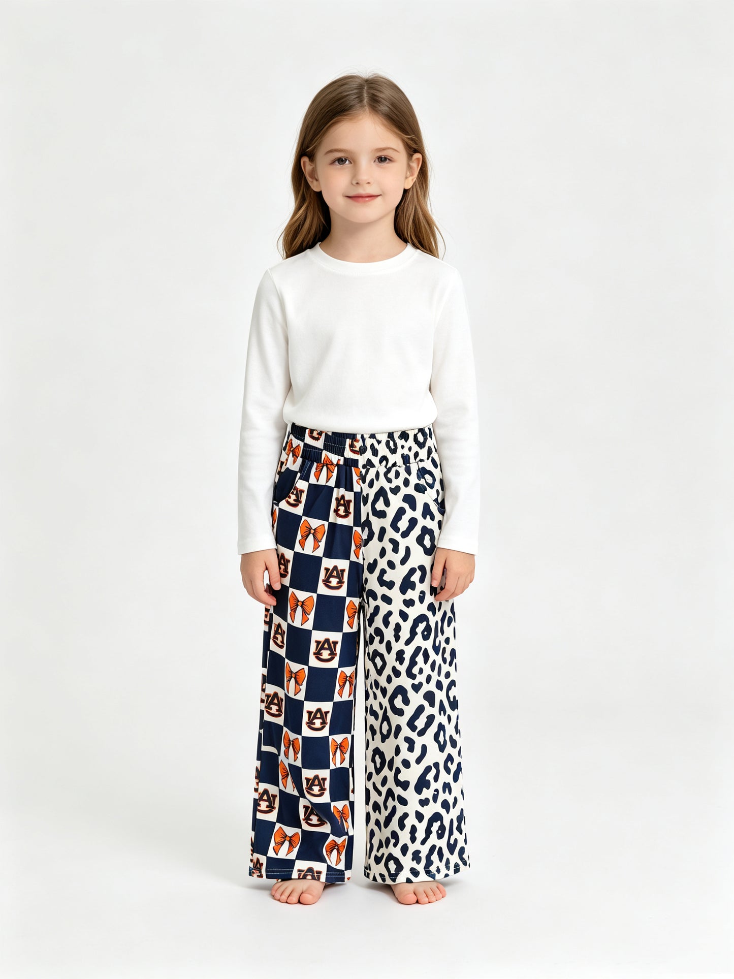 (Sample) No moq milk silk P1120 Baby Girls Bows Leopard Team Pockets Straight Pants Casual Bottom