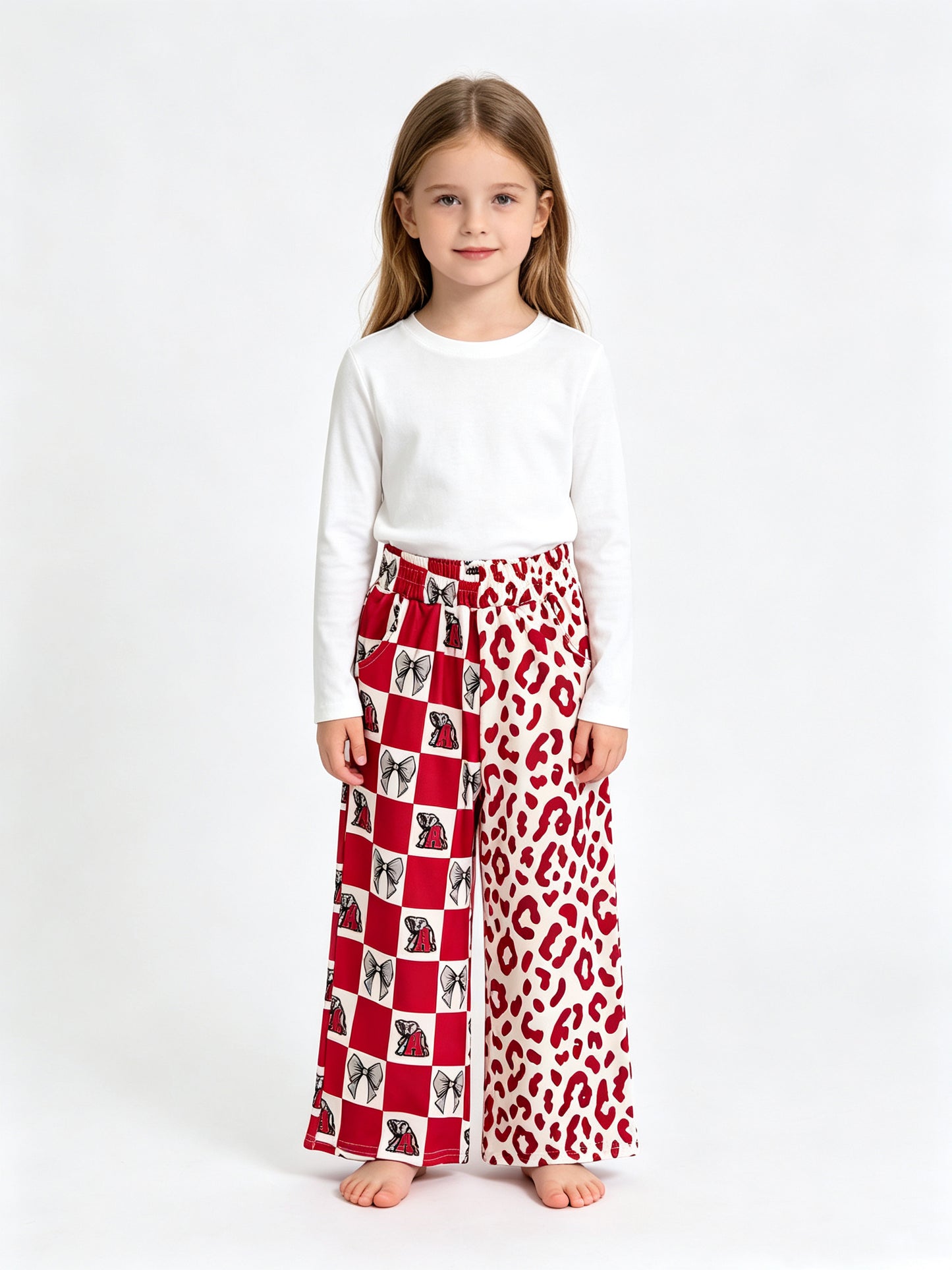 (Sample) No moq milk silk P1123 Baby Girls Red Bows Checked Leopard Team Pockets Straight Pants Casual Bottom