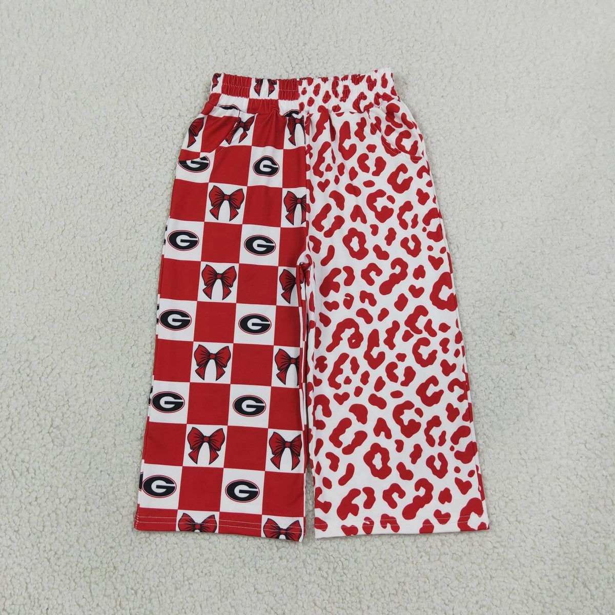 NEW RTS NO MOQ milk silk P1126 Baby Girls Bows Checked Leopard Team Pockets Straight Casual Pants