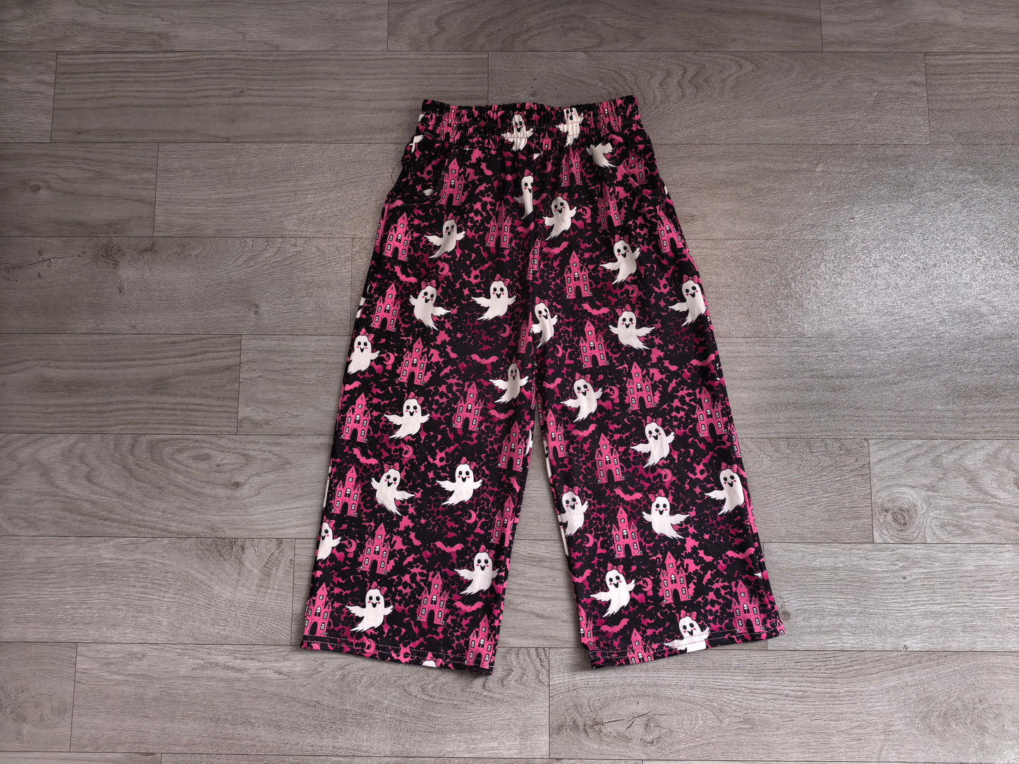 (Sample) No moq milk silk P1134 Baby Girls Ghosts Castles Leopard Print Halloween Pockets Flare Pants Bottom