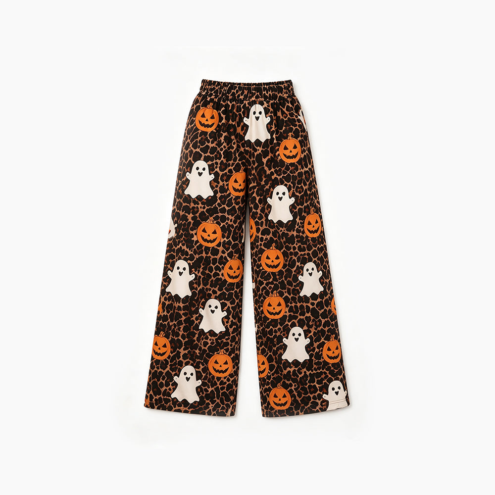 (Preorder new) No moq baby girl Halloween Mix‑Print Wide Pumpkin Leopard Leg Trousers