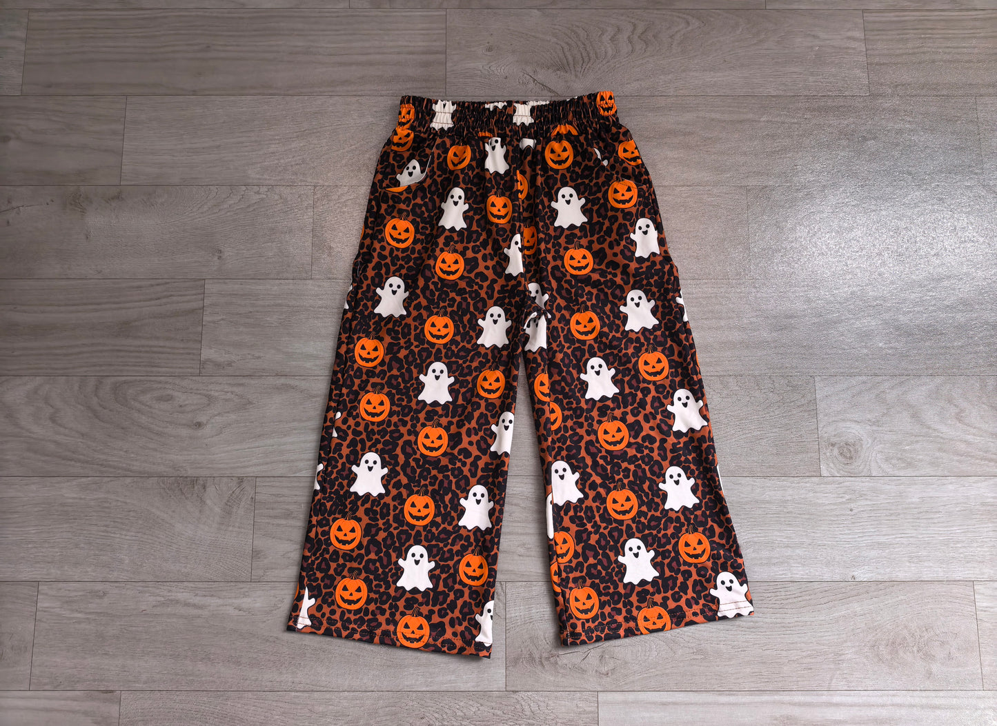 (Sample) No moq milk silk P1135 Baby Girls Ghosts Pumpkins Leopard Print Halloween Pockets Flare Pants Bottom