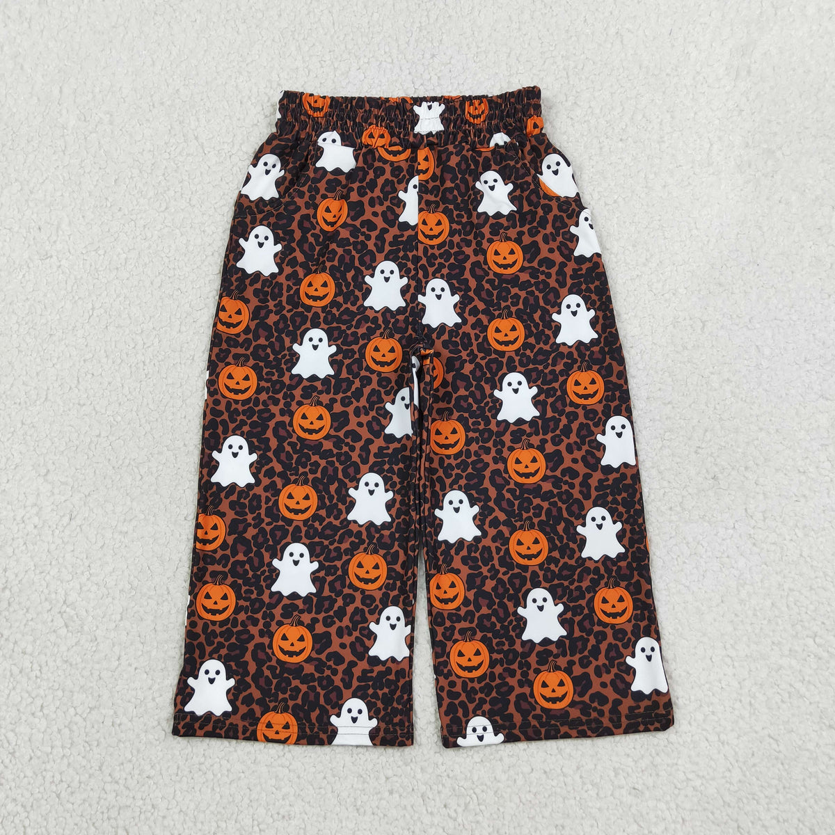 NEW RTS NO MOQ milk silk P1135 Baby Girls Ghosts Pumpkins Leopard Print Halloween Pockets Flare Pants Bottom