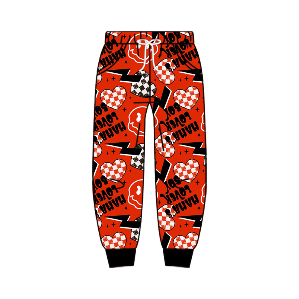 (Preorder new) No moq P1148 Baby Boys Mama’s Lover Checkered Heart Print Jogger Pants Valentine Bottoms