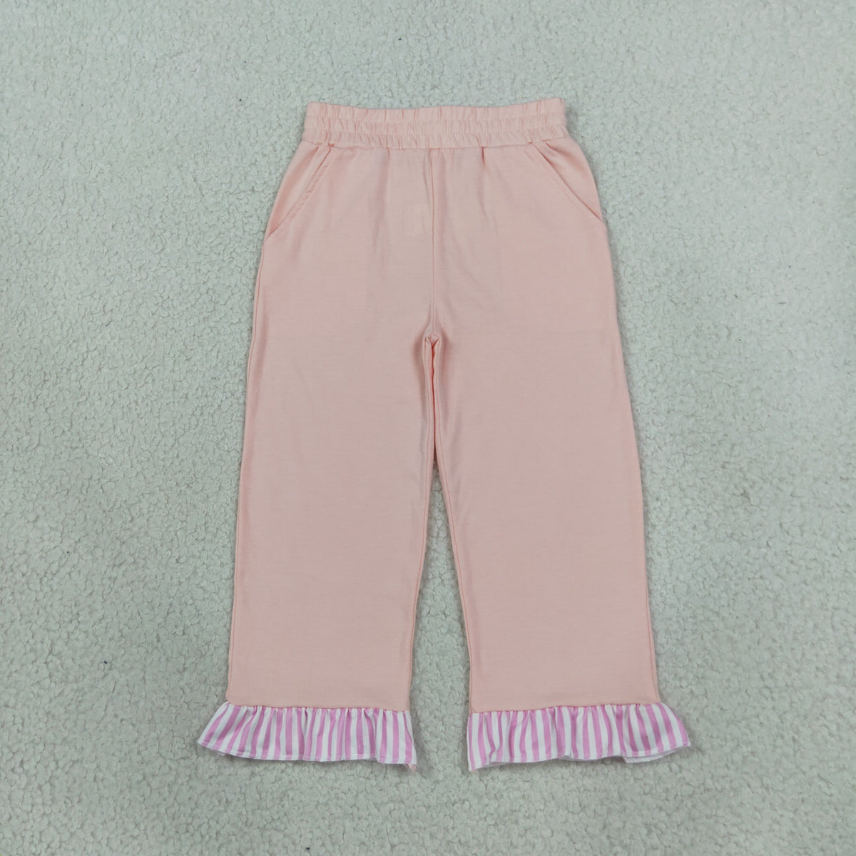 NEW RTS NO MOQ cotton P1151 Baby Girls Light Pink Stripe Pockets Ruffle Pants Bottom