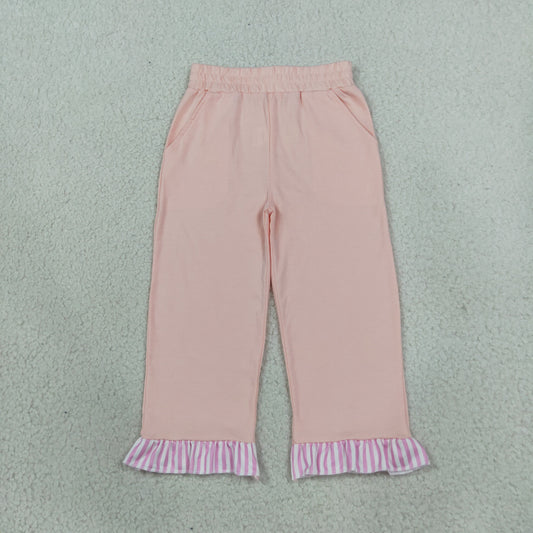 NEW RTS NO MOQ cotton P1151 Baby Girls Light Pink Stripe Pockets Ruffle Pants Bottom