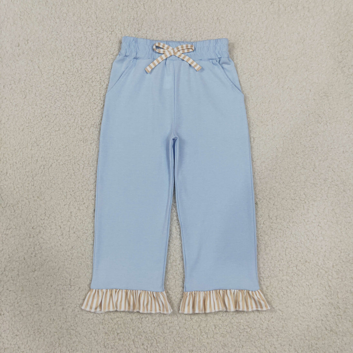 NEW RTS NO MOQ cotton P1152 Baby Girls Light Blue Pants With Bows Pockets Ruffle Casual Bottom