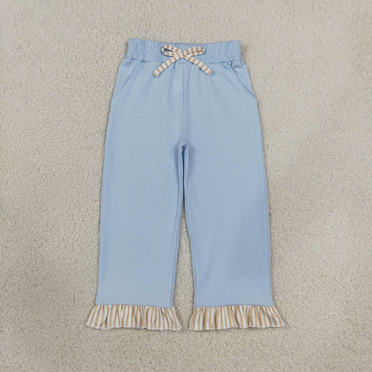 NEW RTS NO MOQ cotton P1152 Baby Girls Light Blue Pants With Bows Pockets Ruffle Casual Bottom