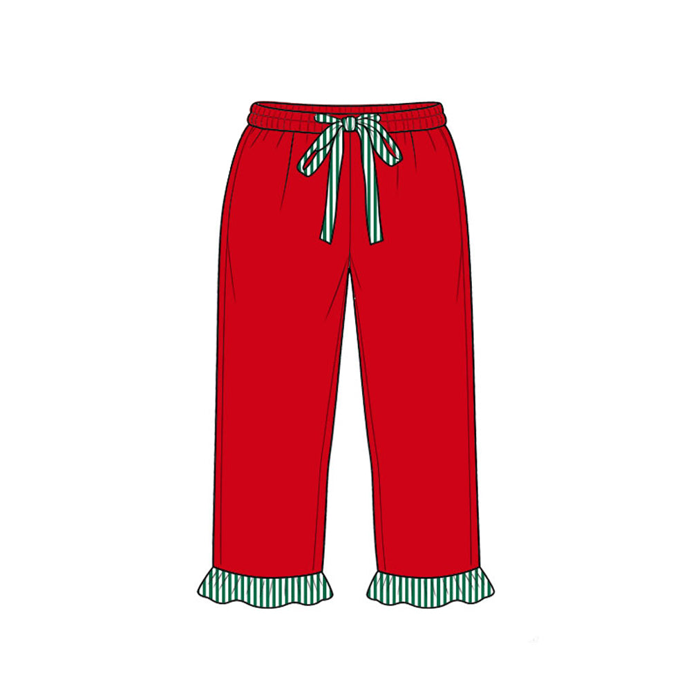 (Preorder new) No moq P1153 Baby Girls Red Green Stripe Bows Pockets Ruffle Pants Bottom