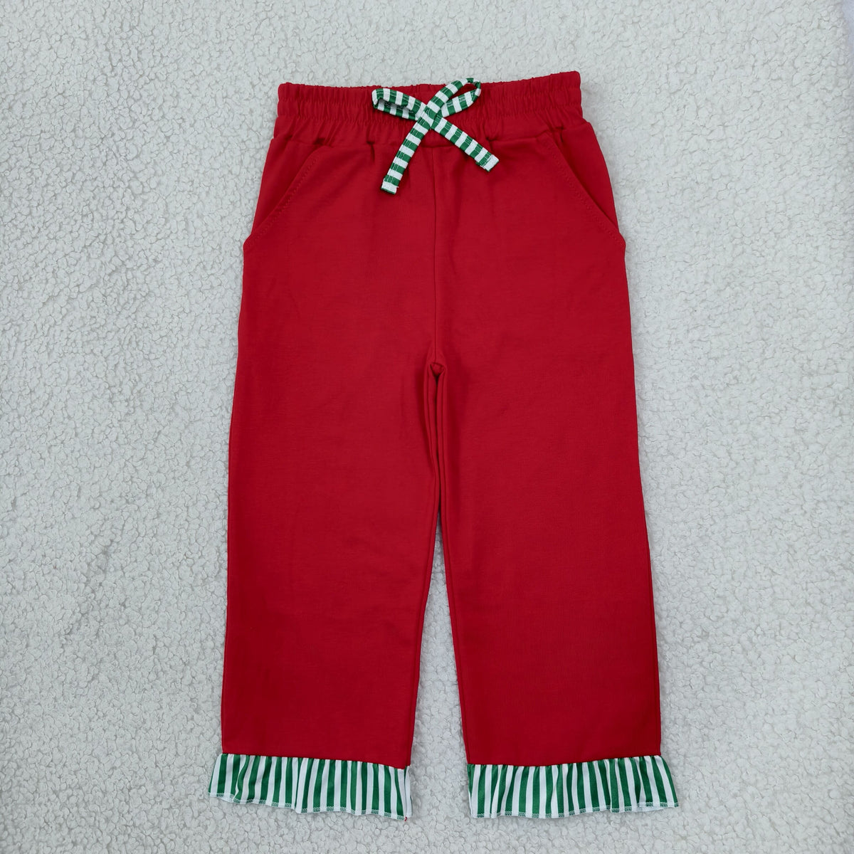 NEW RTS NO MOQ No moq milk silk P1153 Baby Girls Red Green Stripe Bows Pockets Ruffle Pants Casual Bottom