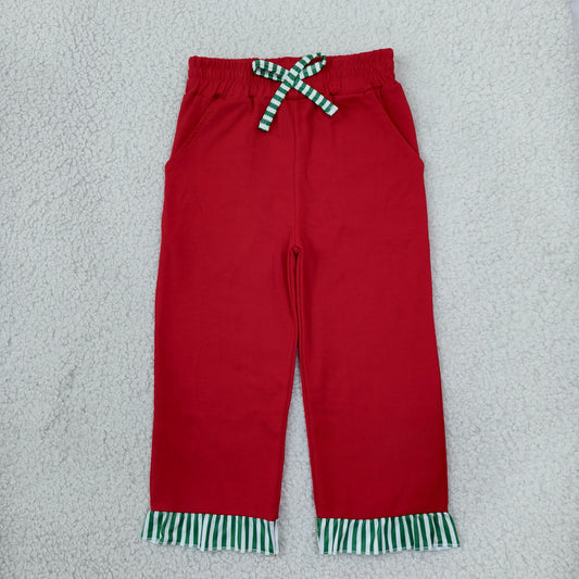 NEW RTS NO MOQ No moq milk silk P1153 Baby Girls Red Green Stripe Bows Pockets Ruffle Pants Casual Bottom