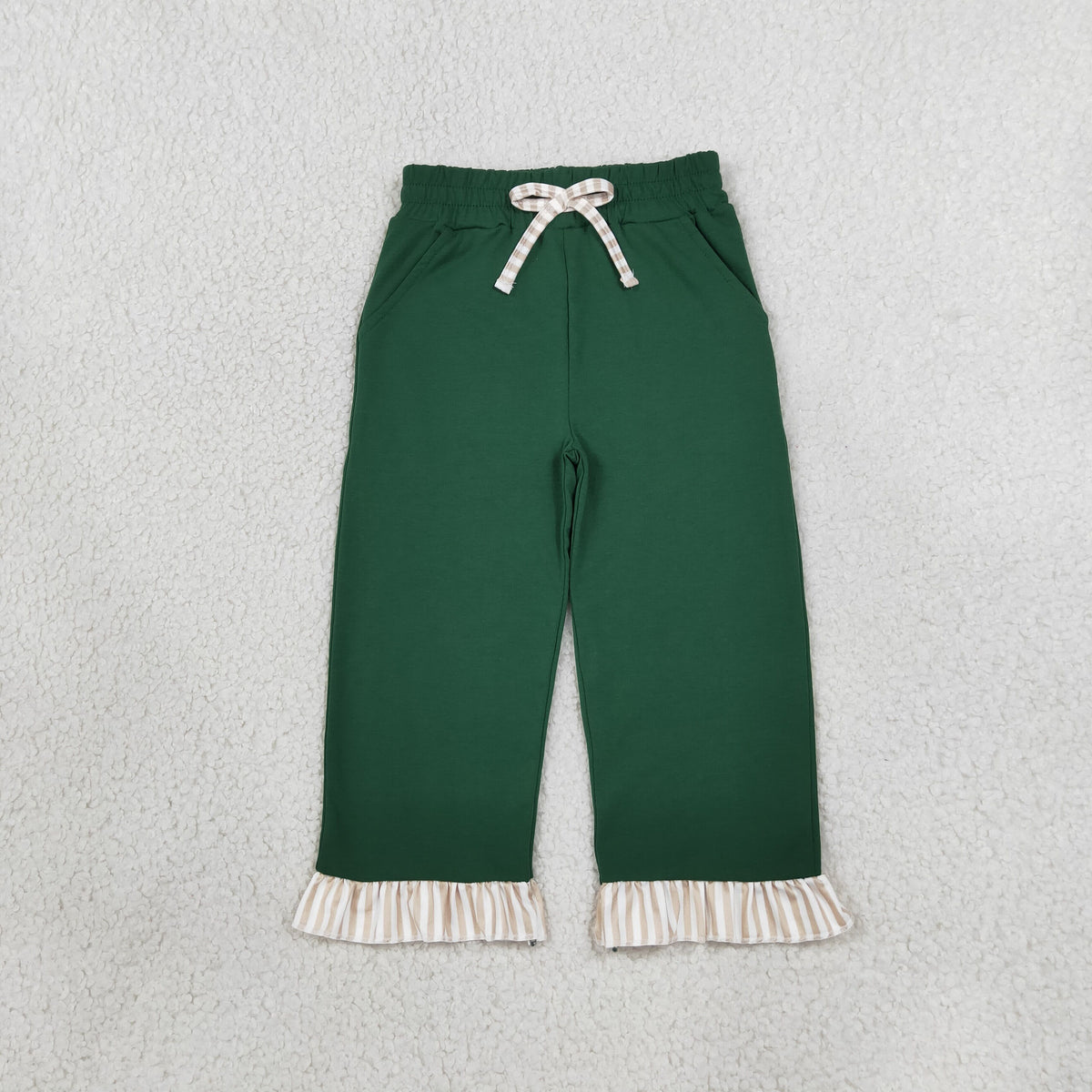 NEW RTS NO MOQ cotton P1154 Baby Girls Solid Green Ruffle Pants With Cute Bows And Side Pockets Bottom