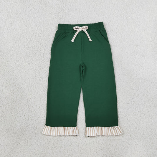 NEW RTS NO MOQ cotton P1154 Baby Girls Solid Green Ruffle Pants With Cute Bows And Side Pockets Bottom