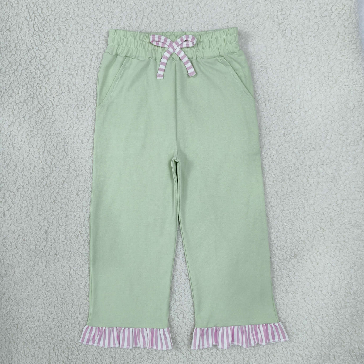 NEW RTS NO MOQ cotton P1156 Baby Girls Light Green Pants With Bows Pockets Ruffle Casual Bottom