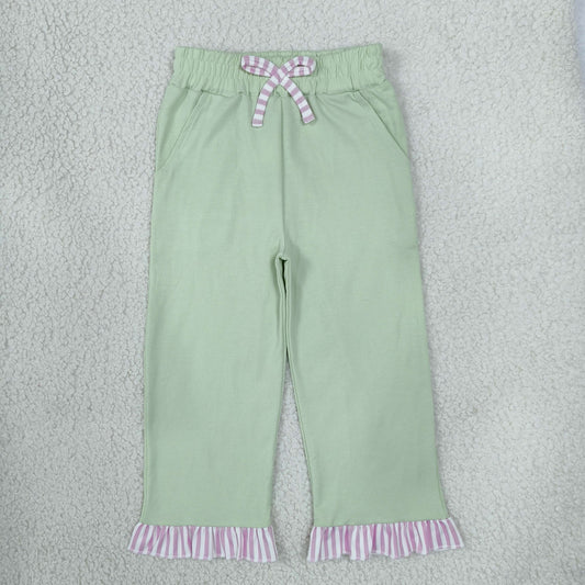 NEW RTS NO MOQ cotton P1156 Baby Girls Light Green Pants With Bows Pockets Ruffle Casual Bottom