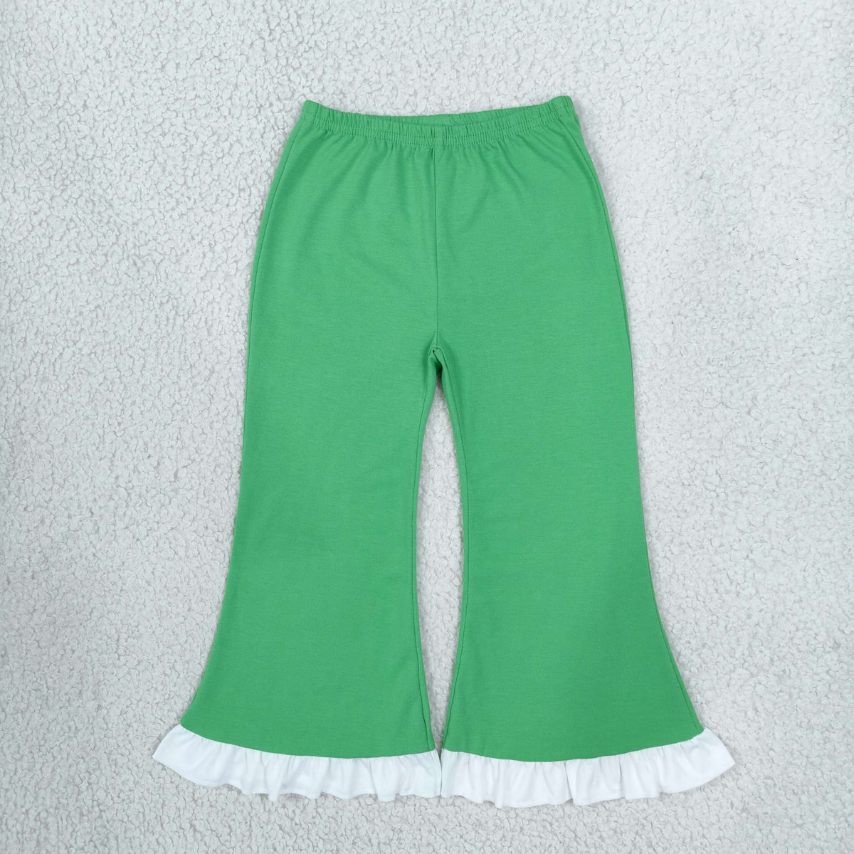 NEW RTS NO MOQ cotton P1168 Baby Girls Green White Ruffle Hem Flare Bottom Pants Casual Outfit