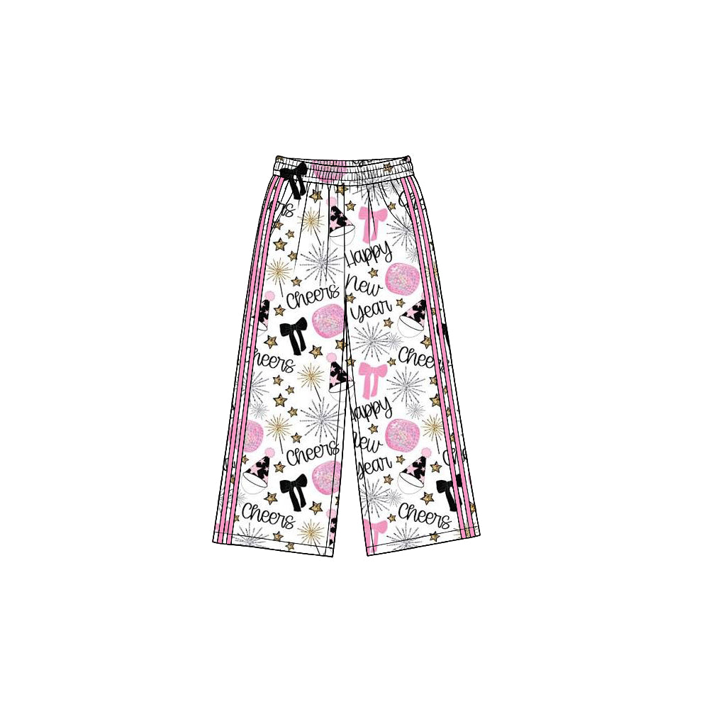 (Preorder new) No moq Yoga Toddler Girls Happy New Year Bow Print Pink Side Stripe Wide Leg Holiday Pant