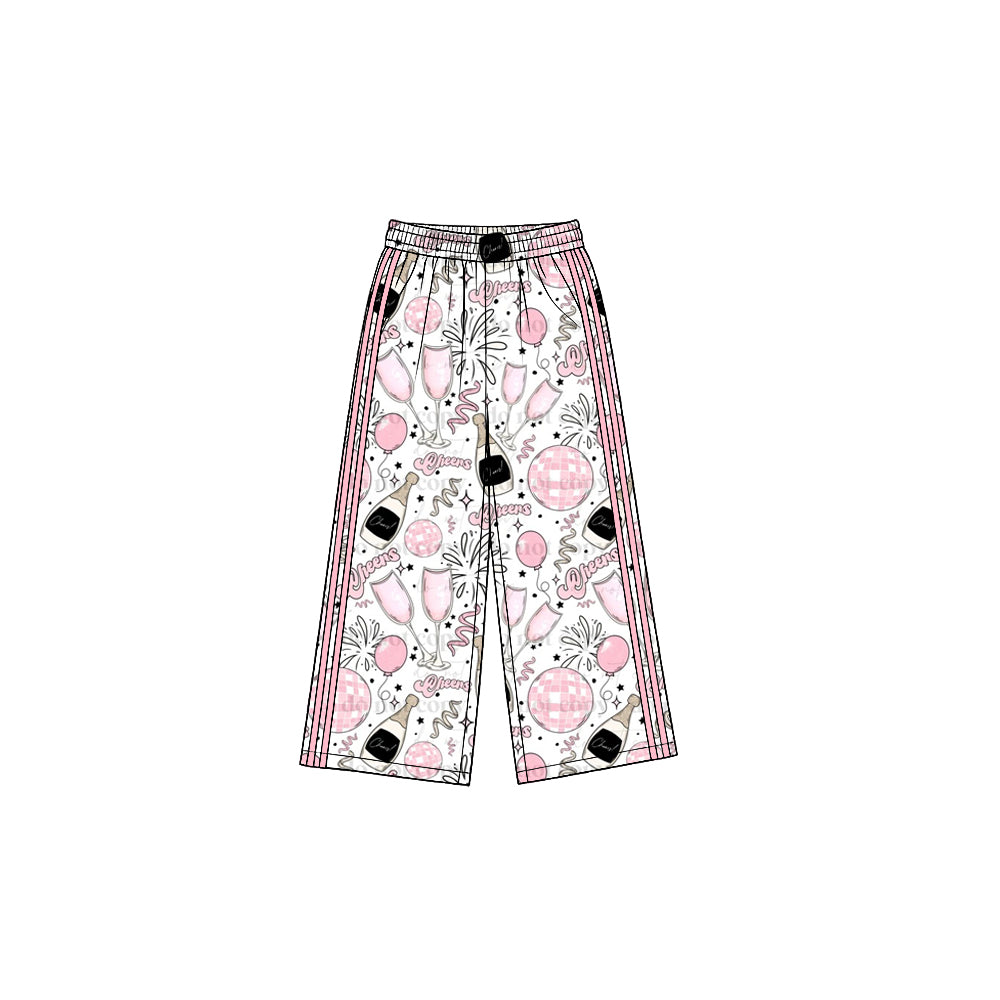 (Preorder new) No moq Yoga Toddler Girls Happy New Year Bow Print Pink Side Stripe Wide Leg Holiday Pant