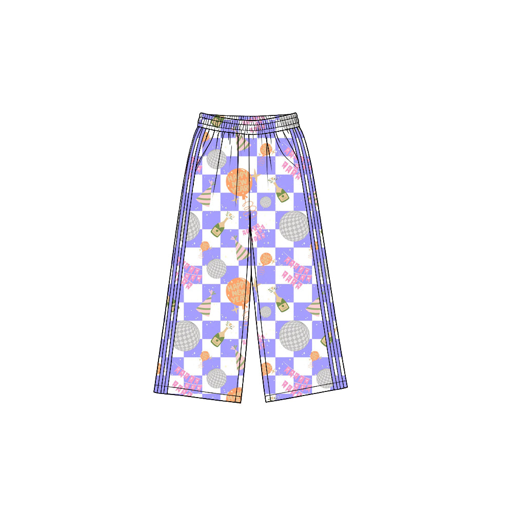 (Preorder new) No moq Yoga Toddler Girls Happy New Year Bow Print Pink Side Stripe Wide Leg Holiday Pant