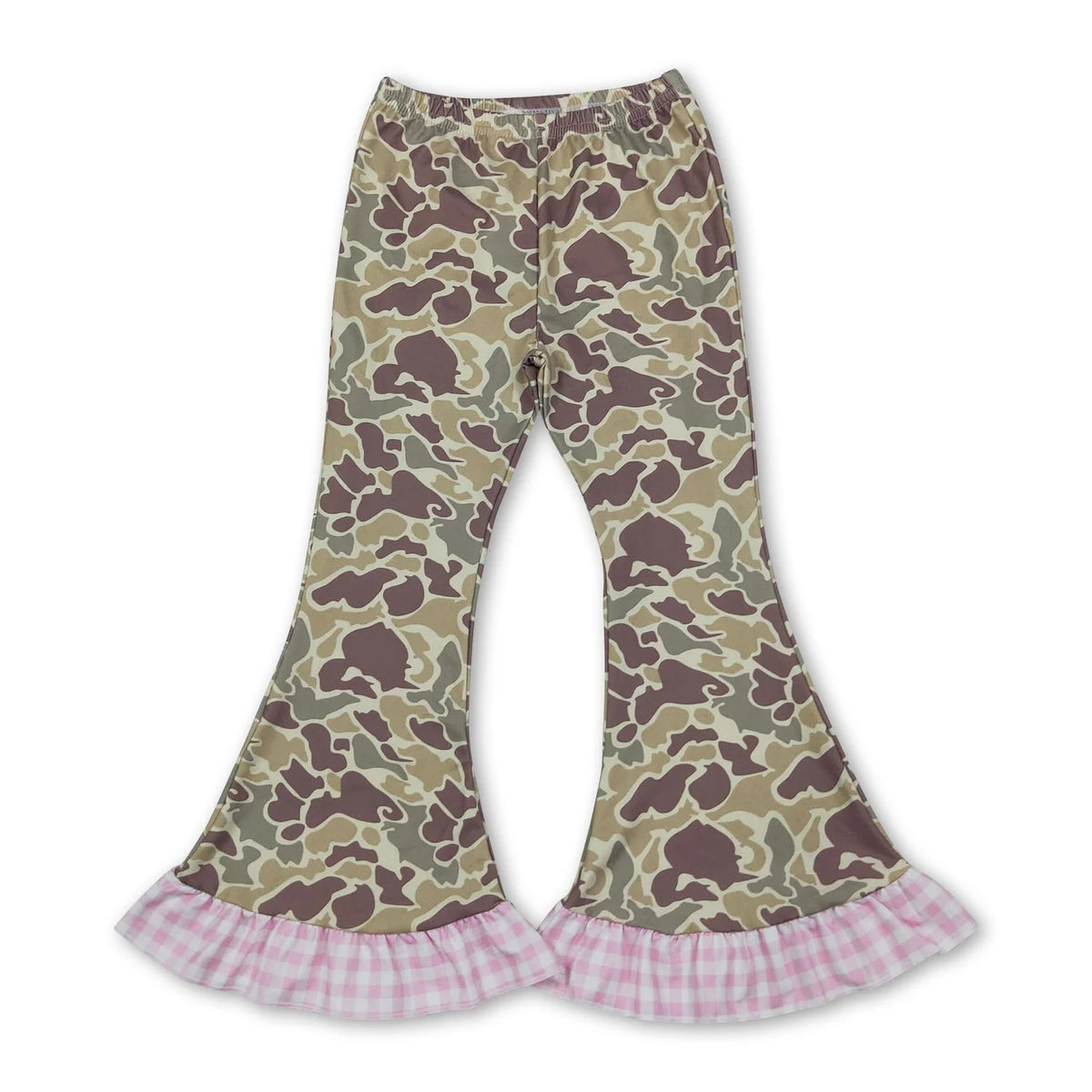 RTS NO MOQ Sibling milk silk Baby Girls Camo Print Bell Bottom Pants With Pink Gingham Ruffle Hem