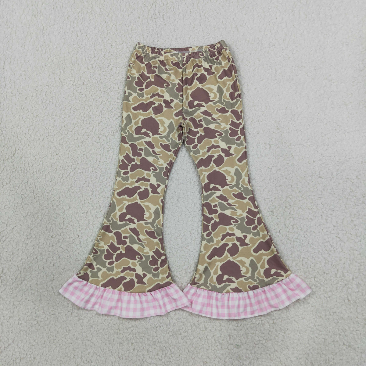 NEW RTS NO MOQ milk silk P1183 Baby Girls Khaki Camo Ruffle Flare Pants Casual Checked Flared Bottom