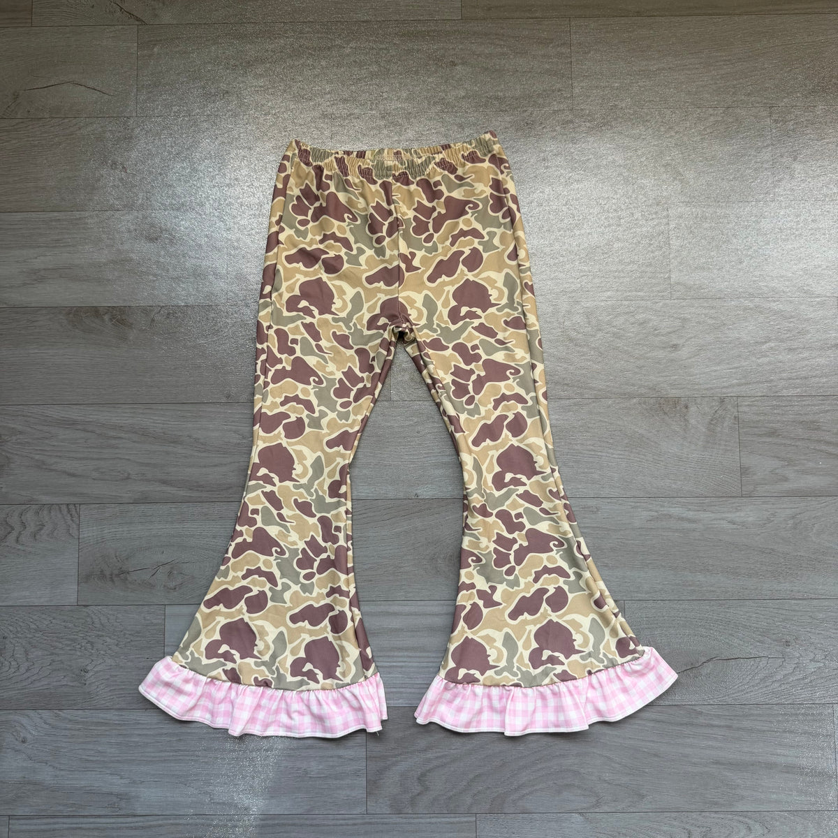 (Sample) No moq milk silk P1183 Baby Girls Khaki Camo Ruffle Flare Pants Casual Flared Bottom