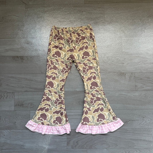 (Sample) No moq milk silk P1183 Baby Girls Khaki Camo Ruffle Flare Pants Casual Flared Bottom
