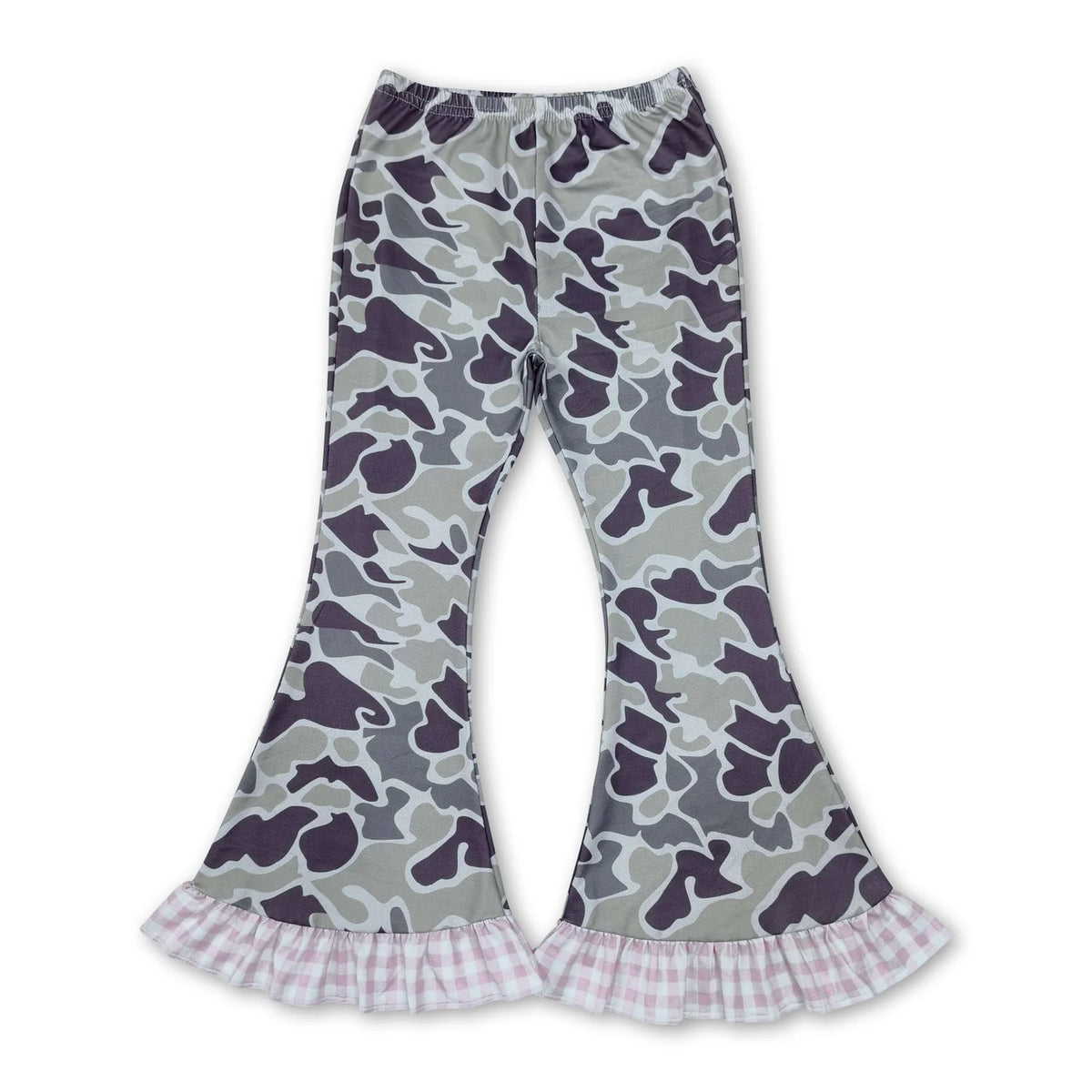 RTS NO MOQ Sibling milk silk Baby Girls Camo Print Bell Bottom Pants With Pink Gingham Ruffle Hem