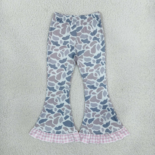 NEW RTS NO MOQ milk silk P1185 Baby Girls Camo Ruffle Flare Pants Casual Pink Checked Flared Bottom