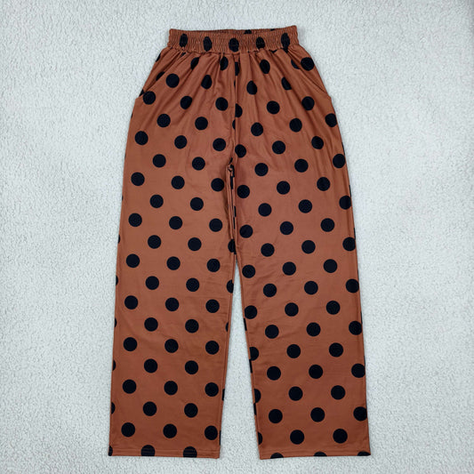 NEW RTS NO MOQ milk silk P1250 Adult Women Brown Polka Dots Pockets Flare Leg Pants Bottom