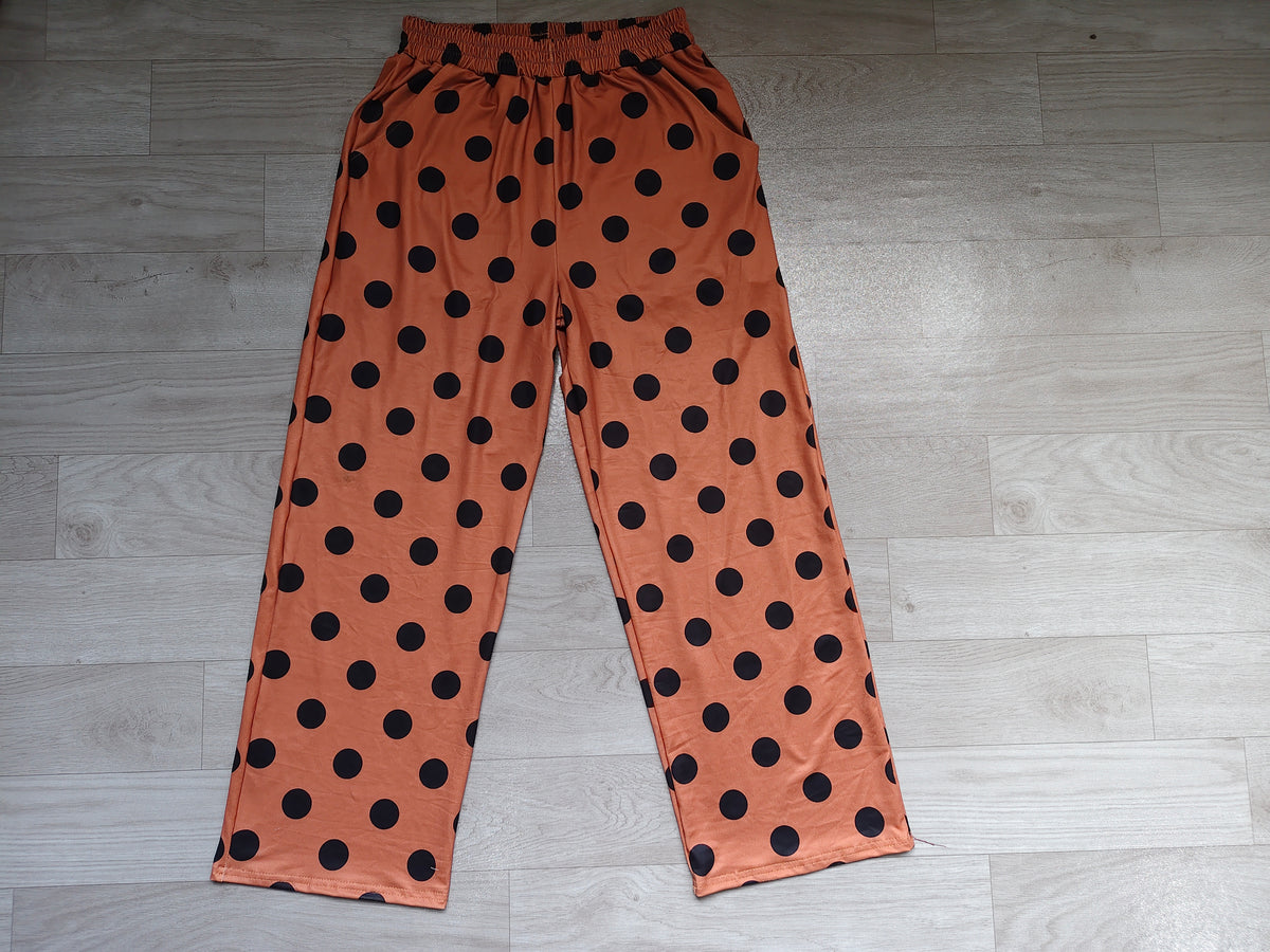 (Sample) No moq milk silk P1250 Adult Women Casual Brown Polka Dots Front Pockets Flare Leg Pants Bottom