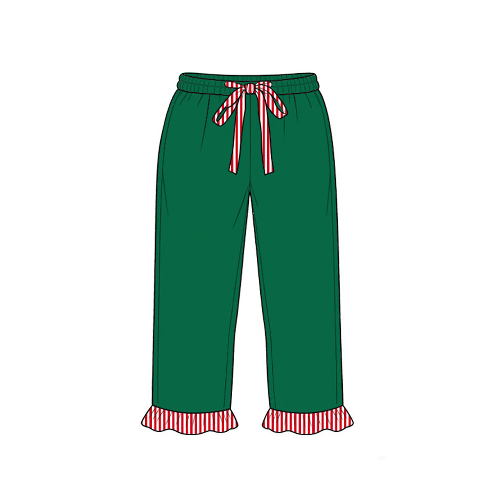 (Preorder new) No moq P1254 Baby Girls Green Stripe Bows Pockets Ruffle Pants Bottom