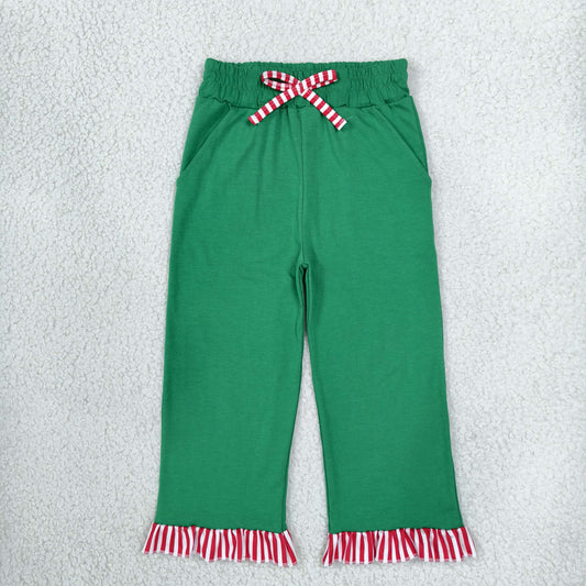 NEW RTS NO MOQ No moq milk silk P1254 Baby Girls Solid Green Pants Ruffle Hem And Pockets Bottom