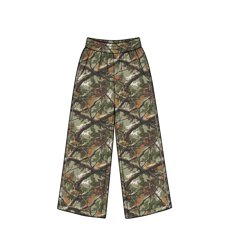(Preorder new) No moq P1257 Baby Girls Brown Leaves Camo Pockets Flare Pants Bottom Fall Flare Trousers