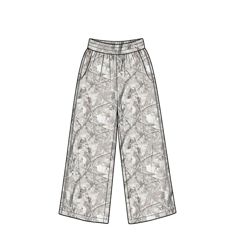 (Preorder new) No moq P1258 Baby Girls Grey Leaves Camo Pockets Flare Pants Bottom With Pockets