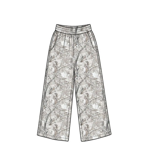 (Preorder new) No moq P1258 Baby Girls Grey Leaves Camo Pockets Flare Pants Bottom With Pockets