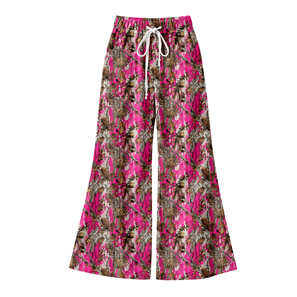 (Preorder new) No moq yoga fabric Adult To Match Kids Pink Camo Leaf Print Yoga Bell Bottom Pants