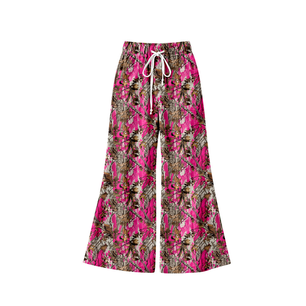 (Preorder new) No moq yoga fabric Adult To Match Kids Pink Camo Leaf Print Yoga Bell Bottom Pants