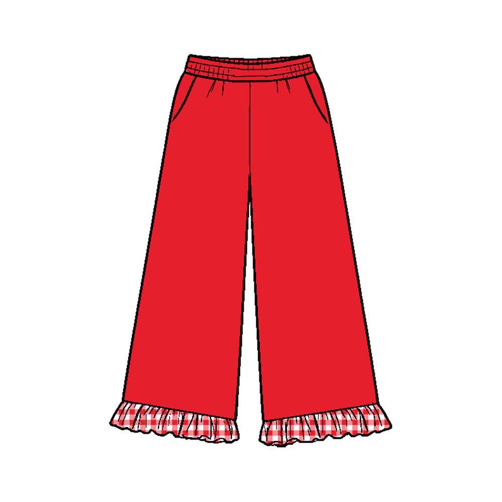 (Preorder new) No moq P1290 Girls Solid Red Wide Leg Pants With Red Gingham Ruffle Hem