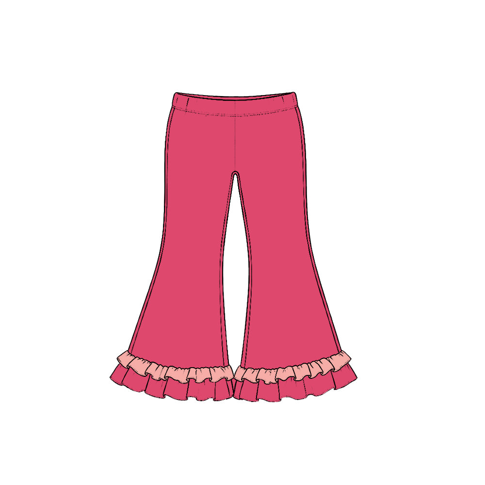 (Preorder new) No moq Baby Girls Solid Double Ruffle Hem Flare Bell Bottom Casual Pants