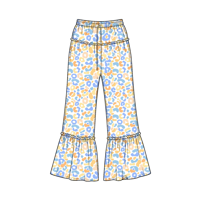 (Preorder new) No moq Baby Girls Colorful Leopard Print Elastic Waist Ruffle Flare Bell Bottom Pants