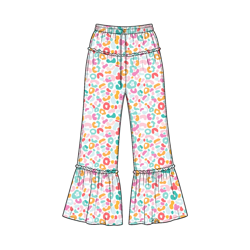 (Preorder new) No moq Baby Girls Colorful Leopard Print Elastic Waist Ruffle Flare Bell Bottom Pants