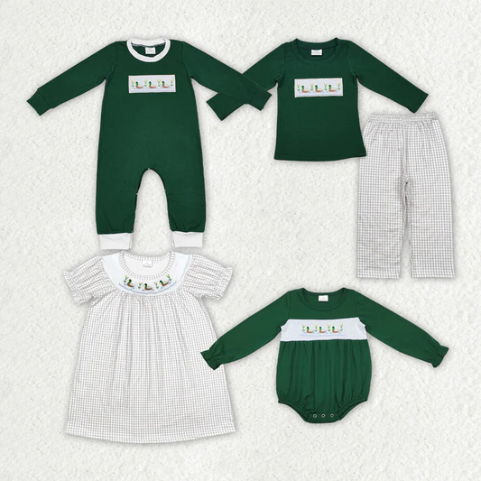 RTS NO MOQ Green Checkered Ducks Dresses Rompers Clothes Sets Girls Boys Toddlers embroidery