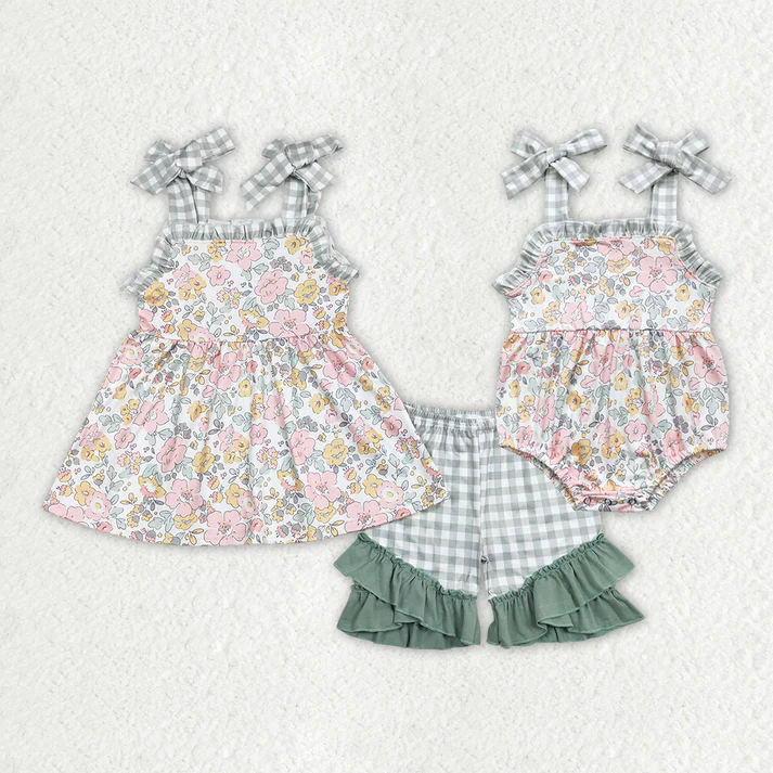RTS Baby Girls Spring Green Pink Flowers Tunic Ruffle Shorts Outfits Rompers Clothing Sets
