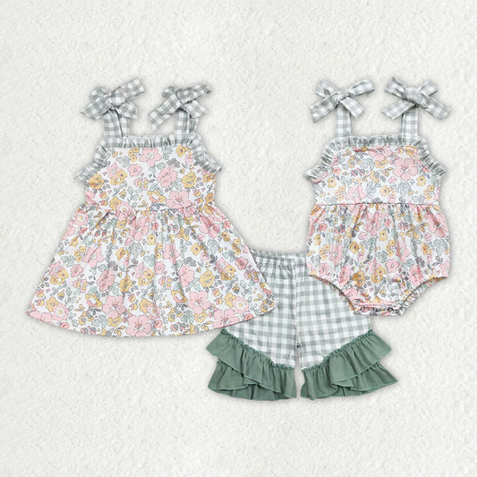 RTS Baby Girls Spring Green Pink Flowers Tunic Ruffle Shorts Outfits Rompers Clothing Sets
