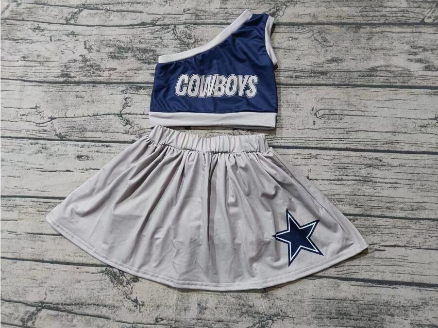 Custom moq 3 eta 6-7weeks Navy Off-shoulder Top-Gray Skirt Cheerleading Set
