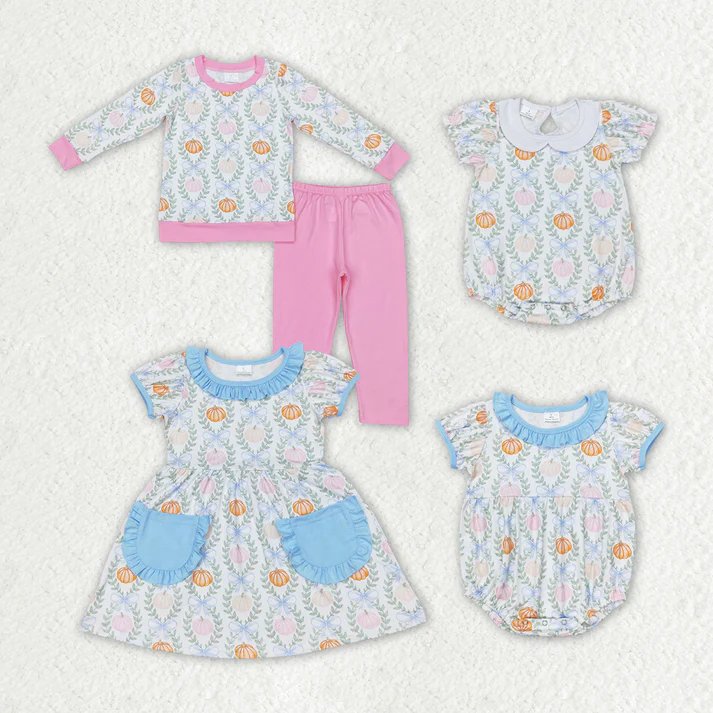 RTS NO MOQ  Baby Girls Baby Girls Pumpkin Bows Sibling Rompers Clothes Sets Halloween Pumpkin