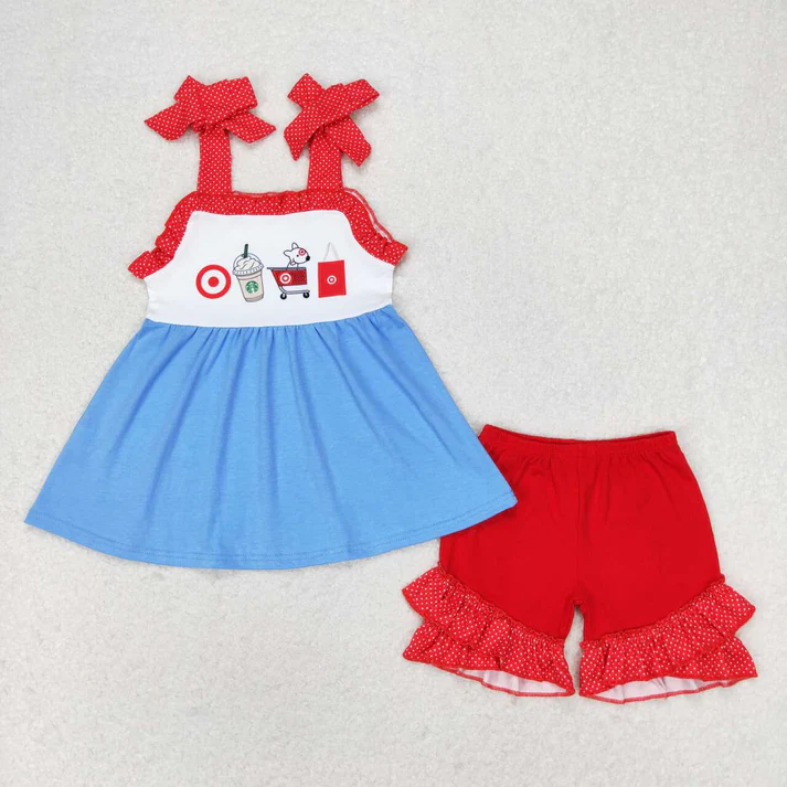RTS NO MOQ  Baby Girls Boys Coffee Cart Summer Sibling Rompers Clothes Sets